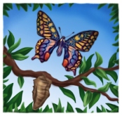 Grphic of butterfly leaving cocoon, tree branch, blue sky