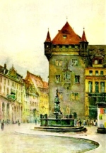 Painting of European style buildings, yellow, green